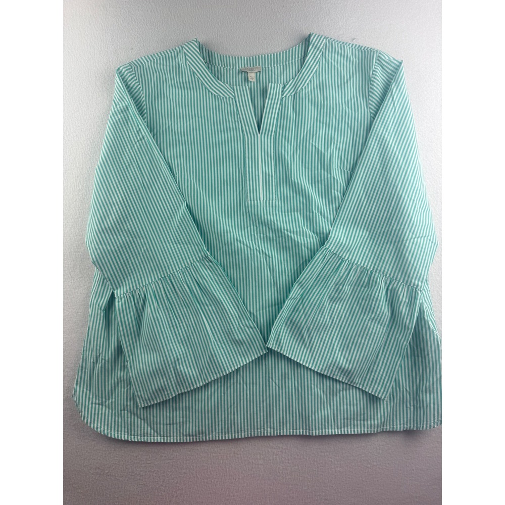Talbots Womens Teal White Striped Bell Sleeve Split Neck Cotton‎ Blouse XLP
